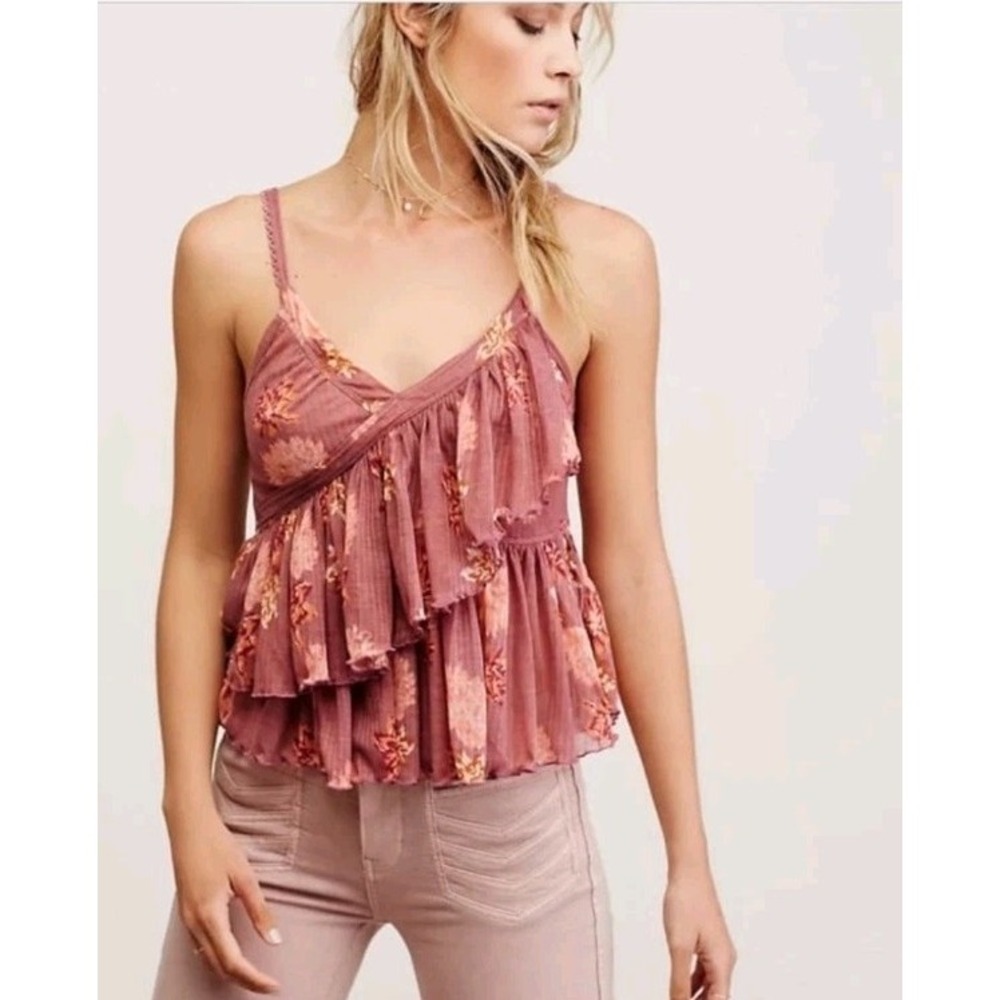 Free People Melbourne Ruffle Tiered Tank Top Pink Floral Boho Cami Small